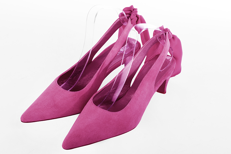 Fuschia pink women's slingback shoes. Pointed toe. Medium slim heel. Front view - Florence KOOIJMAN